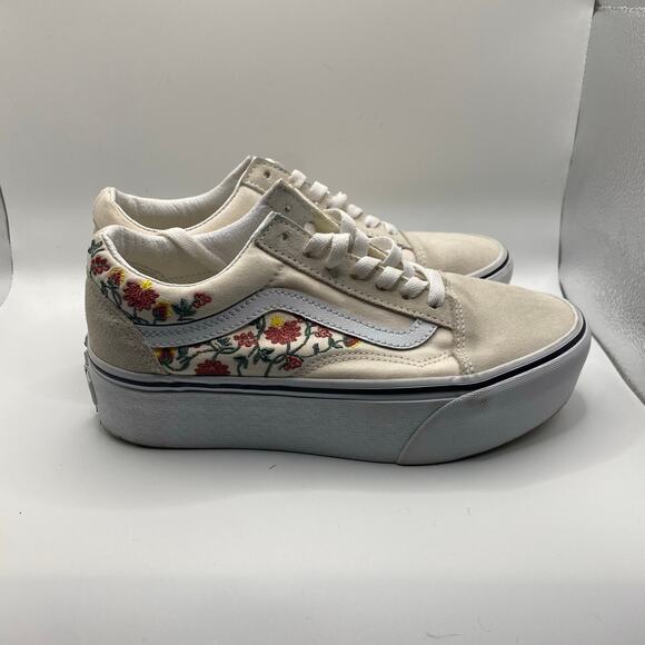 Vans Old Skool Platform Sneakers 7 Floral Embroidered Cream White Skate Shoes - Picture 4 of 8